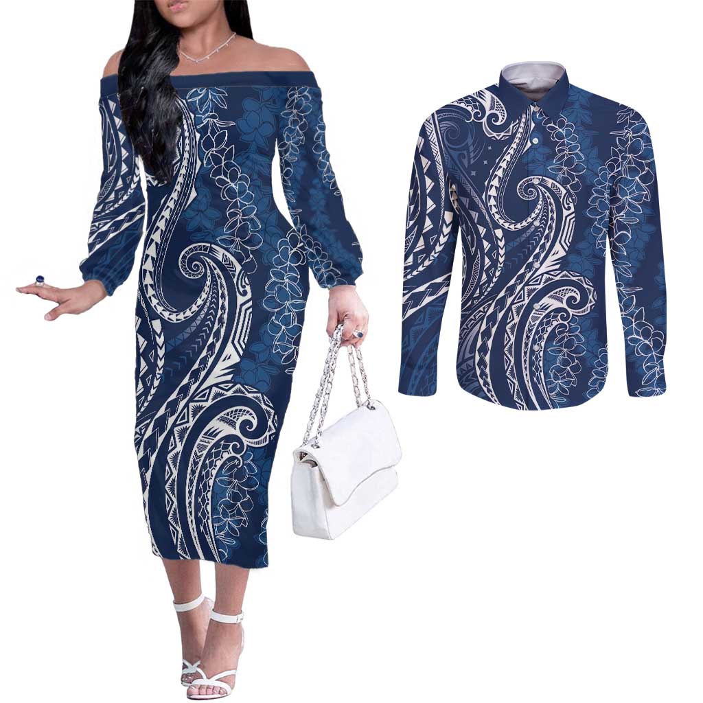 Polynesia Plumeria Lei Couples Matching Off The Shoulder Long Sleeve Dress and Long Sleeve Button Shirt Navy Blue Curves Motif LT7 Navy Blue - Polynesian Pride