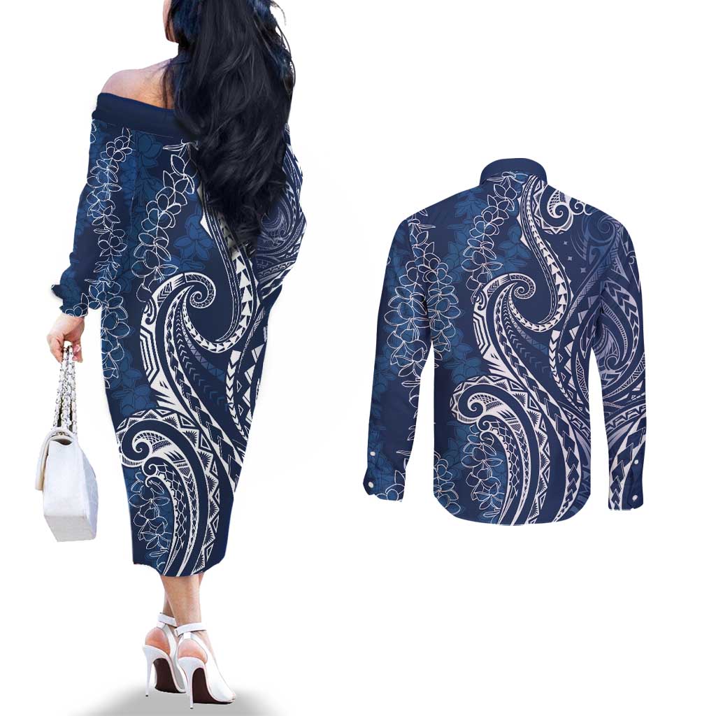 Polynesia Plumeria Lei Couples Matching Off The Shoulder Long Sleeve Dress and Long Sleeve Button Shirt Navy Blue Curves Motif LT7 - Polynesian Pride