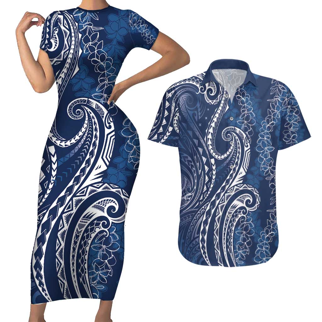 Polynesia Plumeria Lei Couples Matching Short Sleeve Bodycon Dress and Hawaiian Shirt Navy Blue Curves Motif