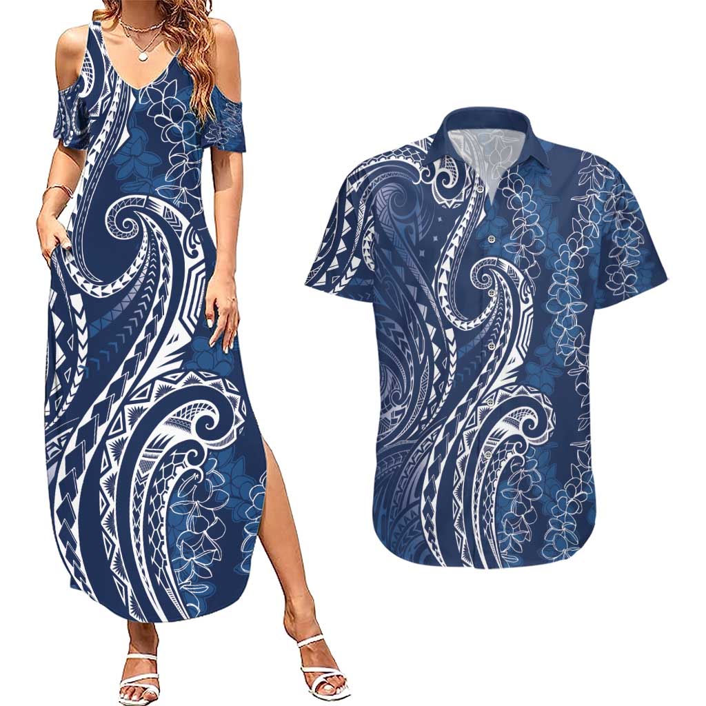 Polynesia Plumeria Lei Couples Matching Summer Maxi Dress and Hawaiian Shirt Navy Blue Curves Motif