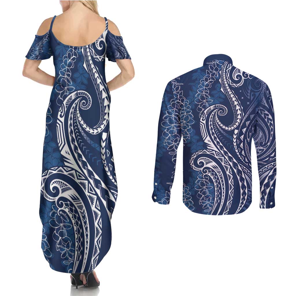 Polynesia Plumeria Lei Couples Matching Summer Maxi Dress and Long Sleeve Button Shirt Navy Blue Curves Motif