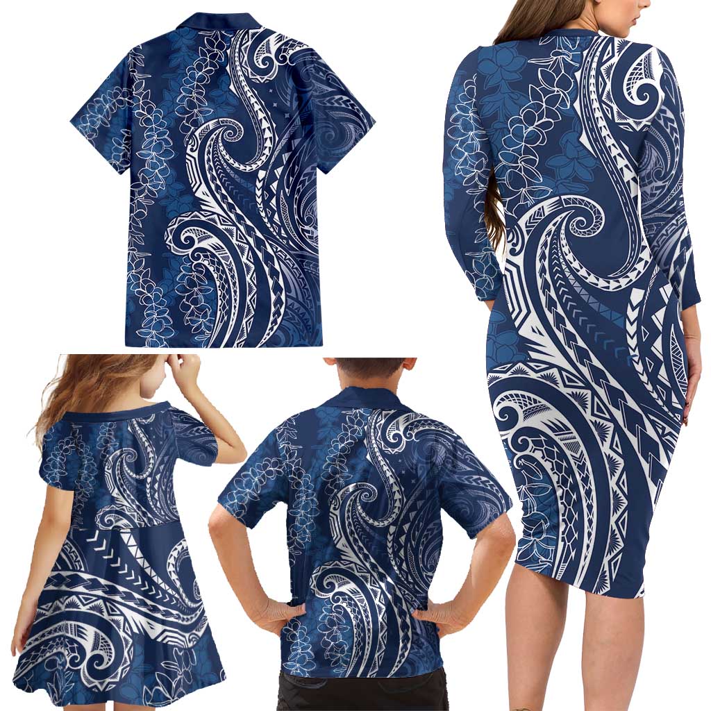 Polynesia Plumeria Lei Family Matching Long Sleeve Bodycon Dress and Hawaiian Shirt Navy Blue Curves Motif LT7 - Polynesian Pride