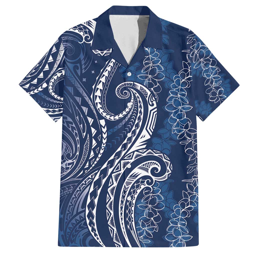 Polynesia Plumeria Lei Family Matching Long Sleeve Bodycon Dress and Hawaiian Shirt Navy Blue Curves Motif LT7 Dad's Shirt - Short Sleeve Navy Blue - Polynesian Pride