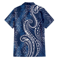 Polynesia Plumeria Lei Family Matching Long Sleeve Bodycon Dress and Hawaiian Shirt Navy Blue Curves Motif LT7 - Polynesian Pride