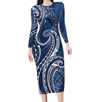 Polynesia Plumeria Lei Family Matching Long Sleeve Bodycon Dress and Hawaiian Shirt Navy Blue Curves Motif LT7 Mom's Dress Navy Blue - Polynesian Pride