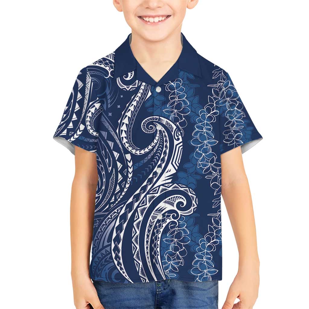 Polynesia Plumeria Lei Family Matching Long Sleeve Bodycon Dress and Hawaiian Shirt Navy Blue Curves Motif LT7 Son's Shirt Navy Blue - Polynesian Pride