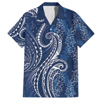 Polynesia Plumeria Lei Family Matching Off The Shoulder Long Sleeve Dress and Hawaiian Shirt Navy Blue Curves Motif