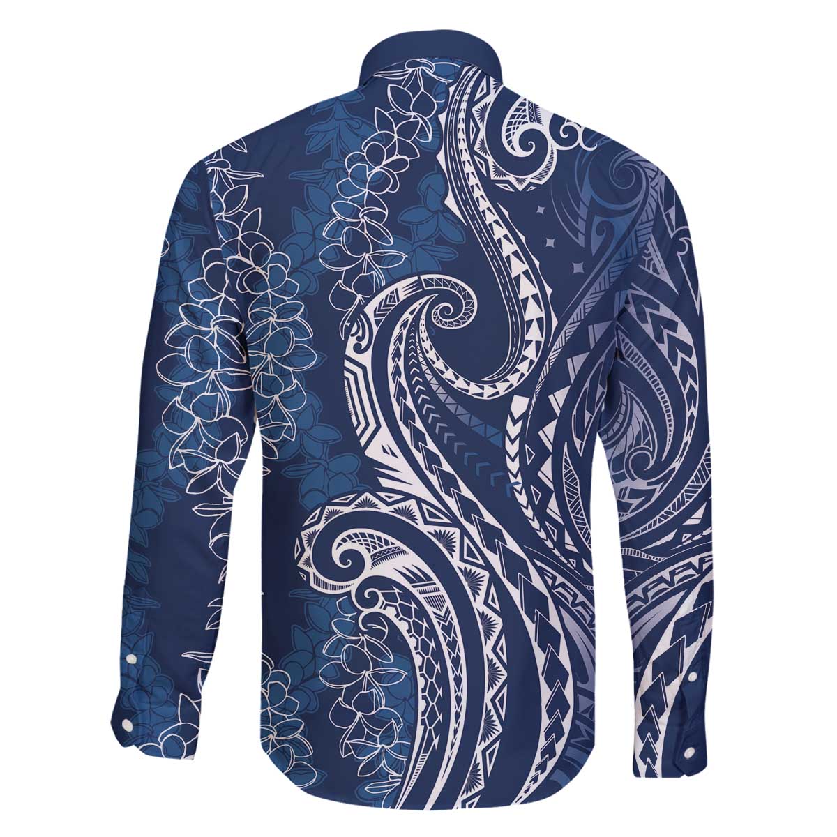 Polynesia Plumeria Lei Family Matching Off The Shoulder Long Sleeve Dress and Hawaiian Shirt Navy Blue Curves Motif