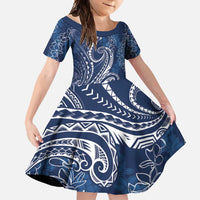 Polynesia Plumeria Lei Family Matching Off Shoulder Maxi Dress and Hawaiian Shirt Navy Blue Curves Motif LT7 Daughter's Dress Navy Blue - Polynesian Pride