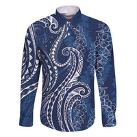 Polynesia Plumeria Lei Family Matching Off Shoulder Maxi Dress and Hawaiian Shirt Navy Blue Curves Motif LT7 Dad's Shirt - Long Sleeve Navy Blue - Polynesian Pride