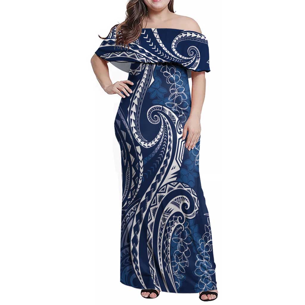 Polynesia Plumeria Lei Family Matching Off Shoulder Maxi Dress and Hawaiian Shirt Navy Blue Curves Motif LT7 Mom's Dress Navy Blue - Polynesian Pride