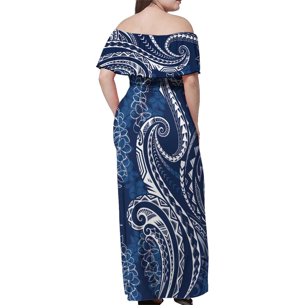 Polynesia Plumeria Lei Family Matching Off Shoulder Maxi Dress and Hawaiian Shirt Navy Blue Curves Motif LT7 - Polynesian Pride