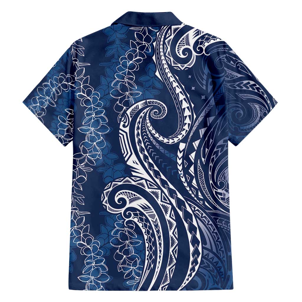 Polynesia Plumeria Lei Family Matching Off Shoulder Short Dress and Hawaiian Shirt Navy Blue Curves Motif LT7 - Polynesian Pride