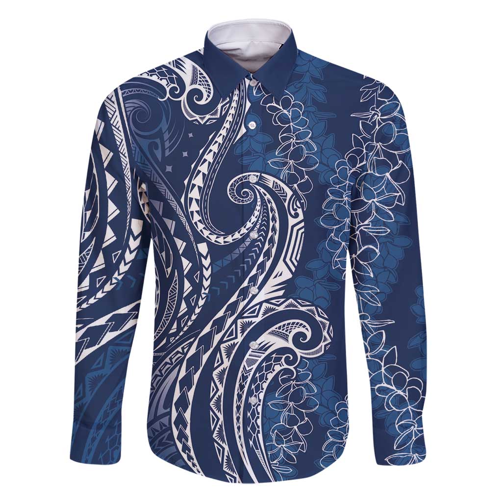 Polynesia Plumeria Lei Family Matching Off Shoulder Short Dress and Hawaiian Shirt Navy Blue Curves Motif LT7 Dad's Shirt - Long Sleeve Navy Blue - Polynesian Pride