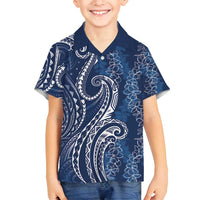 Polynesia Plumeria Lei Family Matching Off Shoulder Short Dress and Hawaiian Shirt Navy Blue Curves Motif LT7 Son's Shirt Navy Blue - Polynesian Pride