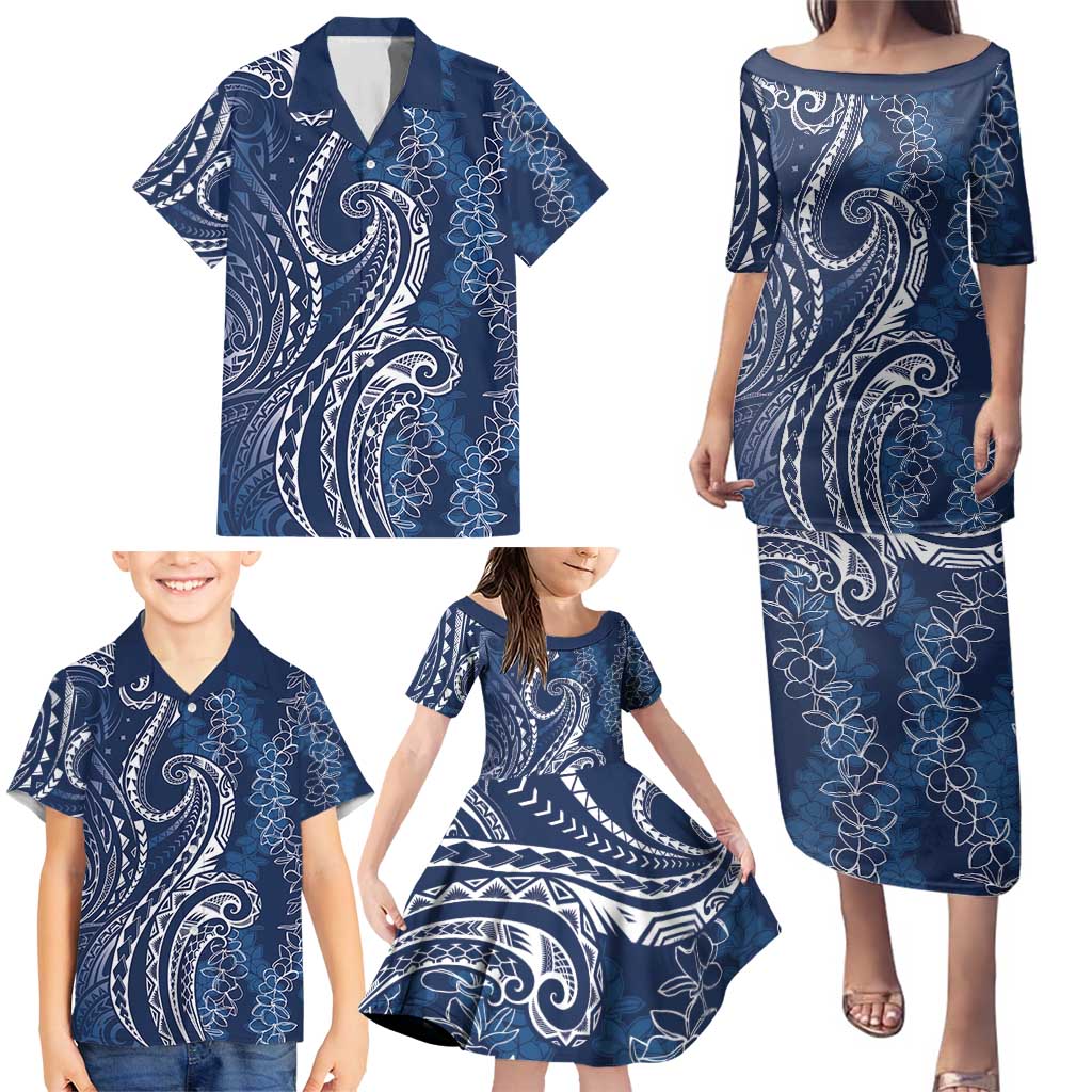 Polynesia Plumeria Lei Family Matching Puletasi and Hawaiian Shirt Navy Blue Curves Motif