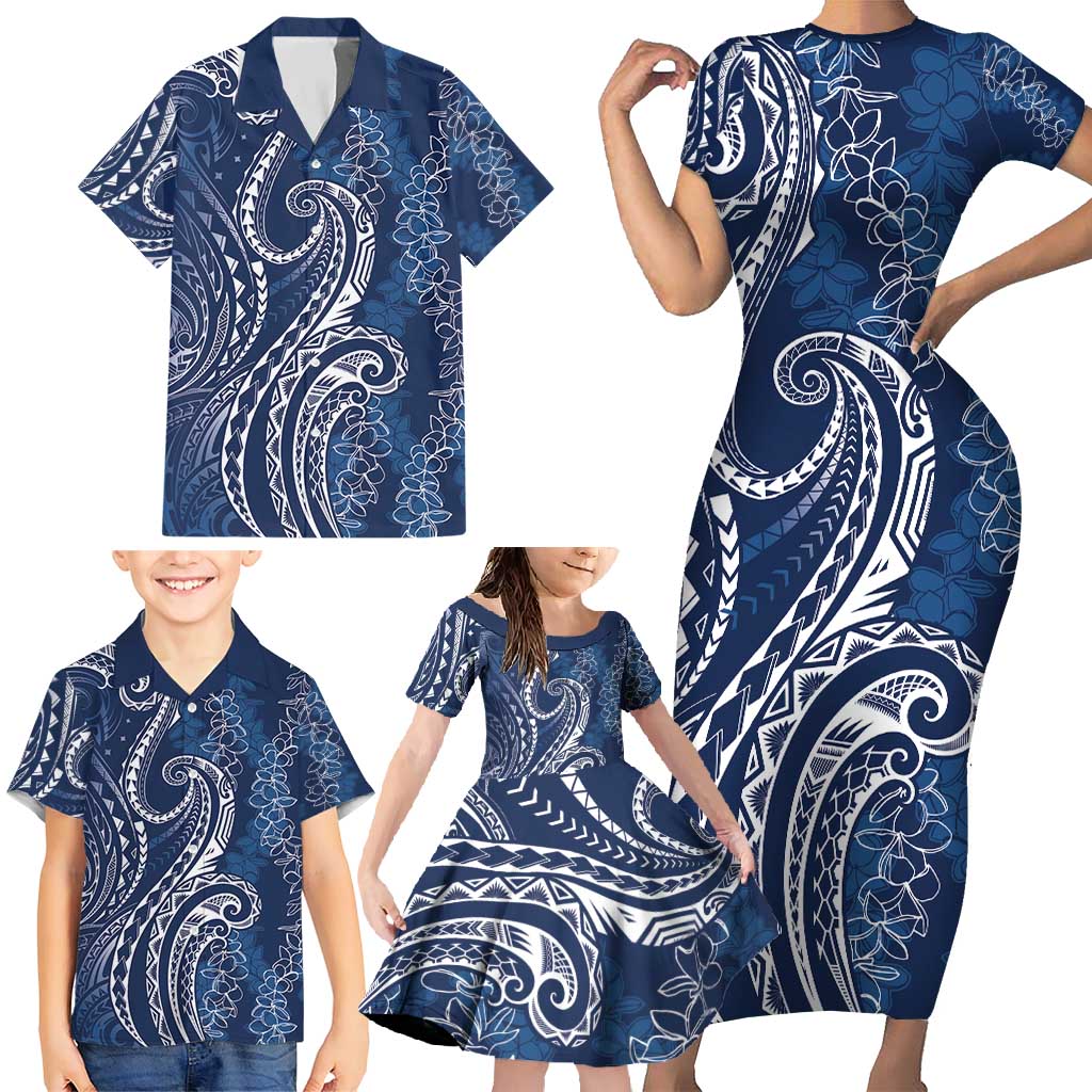 Polynesia Plumeria Lei Family Matching Short Sleeve Bodycon Dress and Hawaiian Shirt Navy Blue Curves Motif LT7 - Polynesian Pride