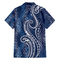 Polynesia Plumeria Lei Family Matching Short Sleeve Bodycon Dress and Hawaiian Shirt Navy Blue Curves Motif LT7 - Polynesian Pride