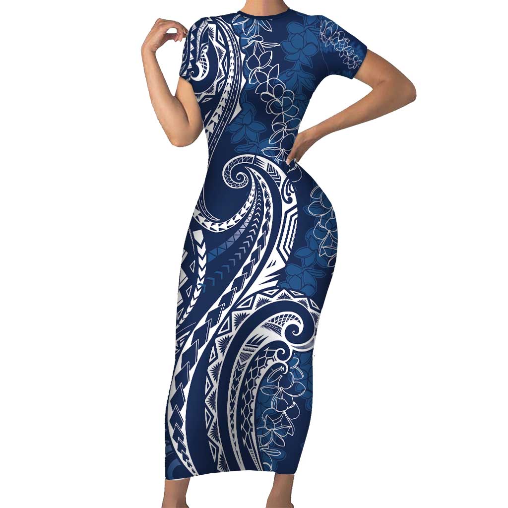 Polynesia Plumeria Lei Family Matching Short Sleeve Bodycon Dress and Hawaiian Shirt Navy Blue Curves Motif LT7 Mom's Dress Navy Blue - Polynesian Pride