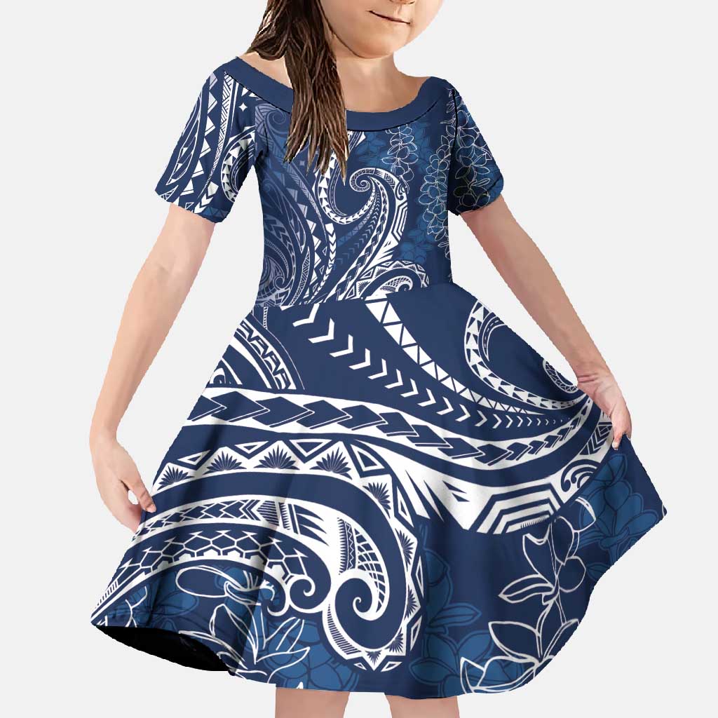 Polynesia Plumeria Lei Family Matching Summer Maxi Dress and Hawaiian Shirt Navy Blue Curves Motif LT7 Daughter's Dress Navy Blue - Polynesian Pride