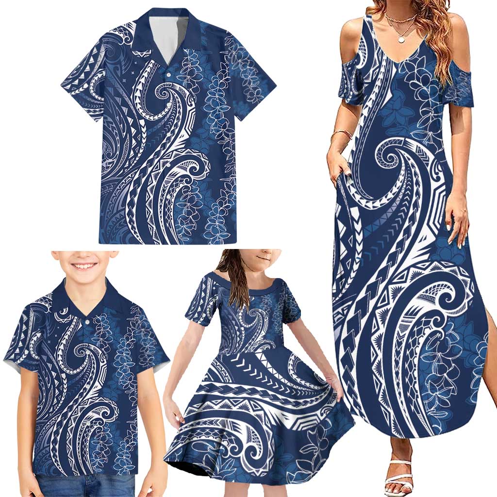 Polynesia Plumeria Lei Family Matching Summer Maxi Dress and Hawaiian Shirt Navy Blue Curves Motif LT7 - Polynesian Pride