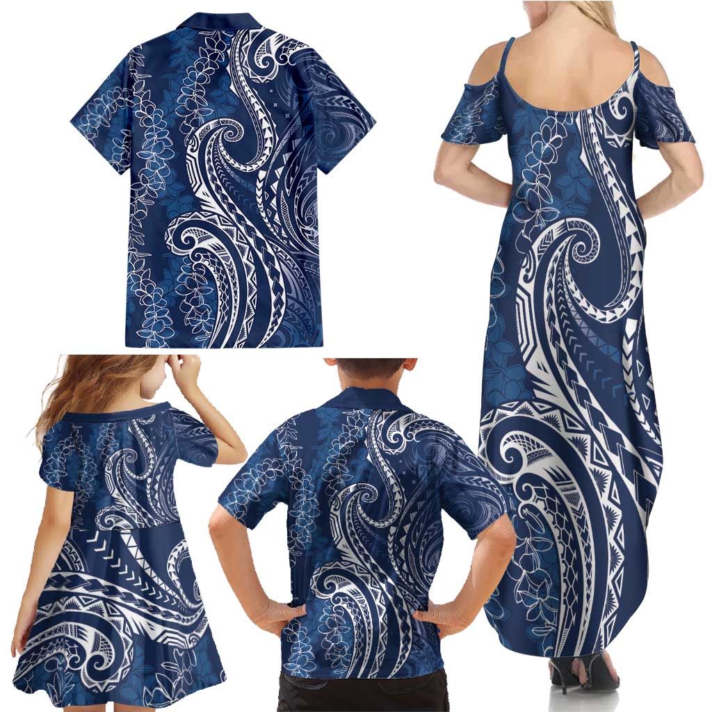 Polynesia Plumeria Lei Family Matching Summer Maxi Dress and Hawaiian Shirt Navy Blue Curves Motif LT7 - Polynesian Pride