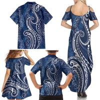 Polynesia Plumeria Lei Family Matching Summer Maxi Dress and Hawaiian Shirt Navy Blue Curves Motif LT7 - Polynesian Pride