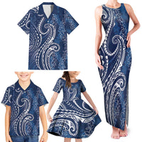 Polynesia Plumeria Lei Family Matching Tank Maxi Dress and Hawaiian Shirt Navy Blue Curves Motif