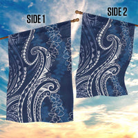 Polynesia Plumeria Lei Garden Flag Navy Blue Curves Motif