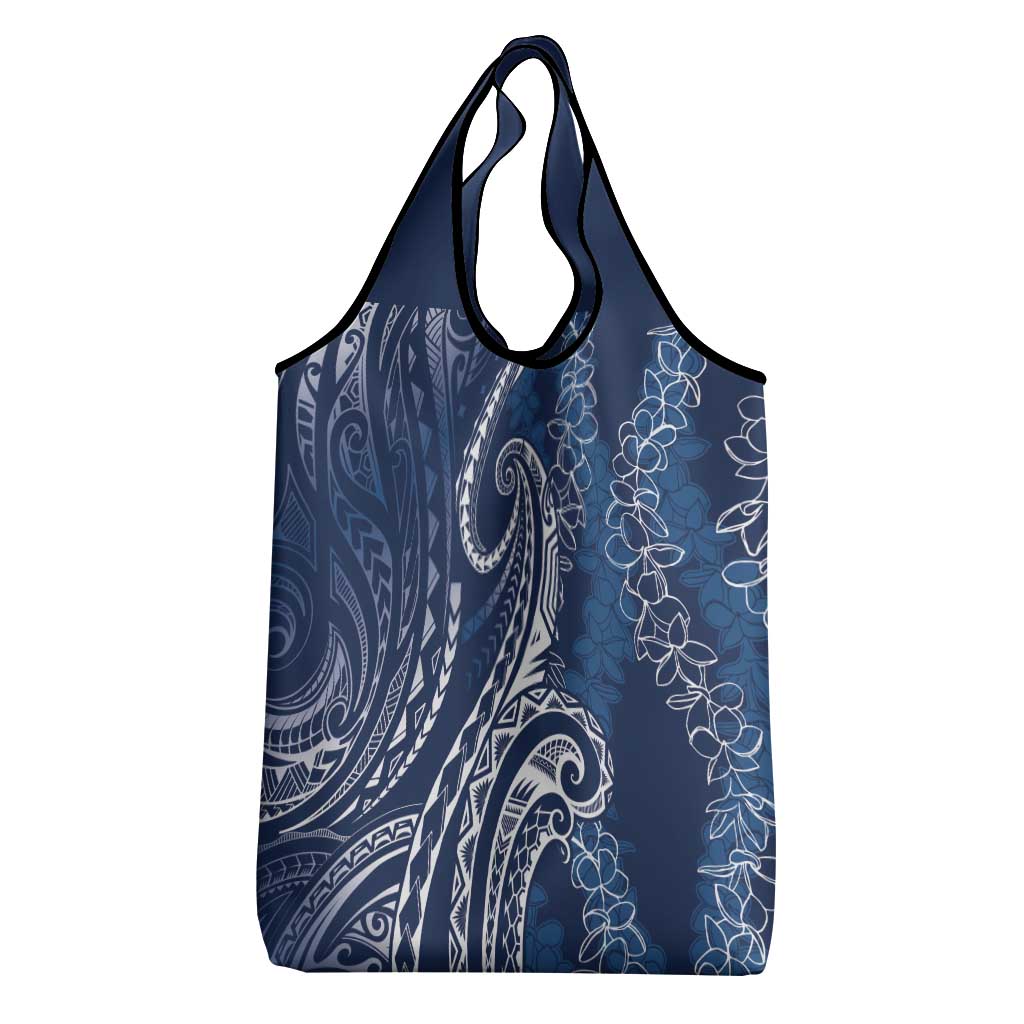 Polynesia Plumeria Lei Grocery Bag Navy Blue Curves Motif