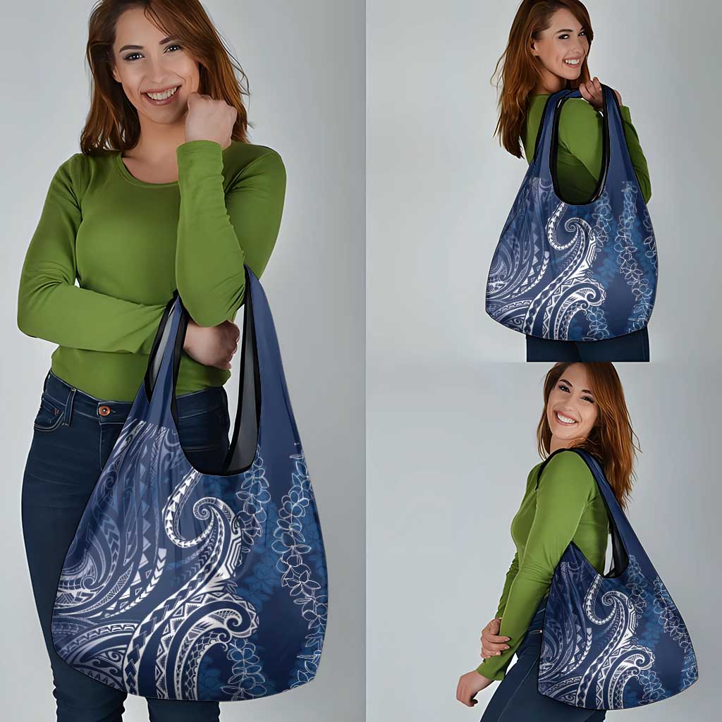 Polynesia Plumeria Lei Grocery Bag Navy Blue Curves Motif