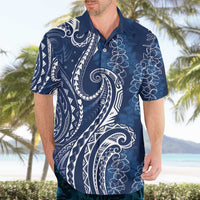 Polynesia Plumeria Lei Hawaiian Shirt Navy Blue Curves Motif