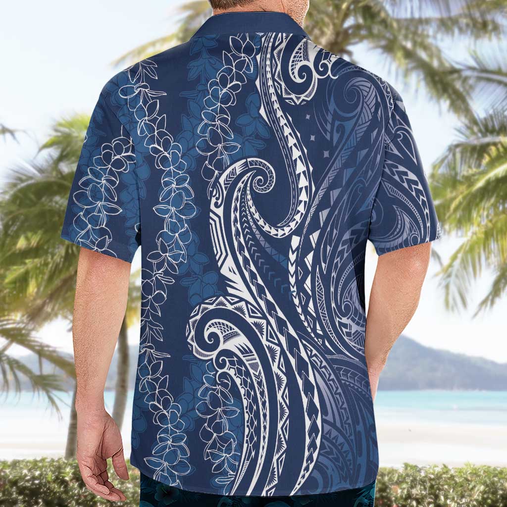 Polynesia Plumeria Lei Hawaiian Shirt Navy Blue Curves Motif