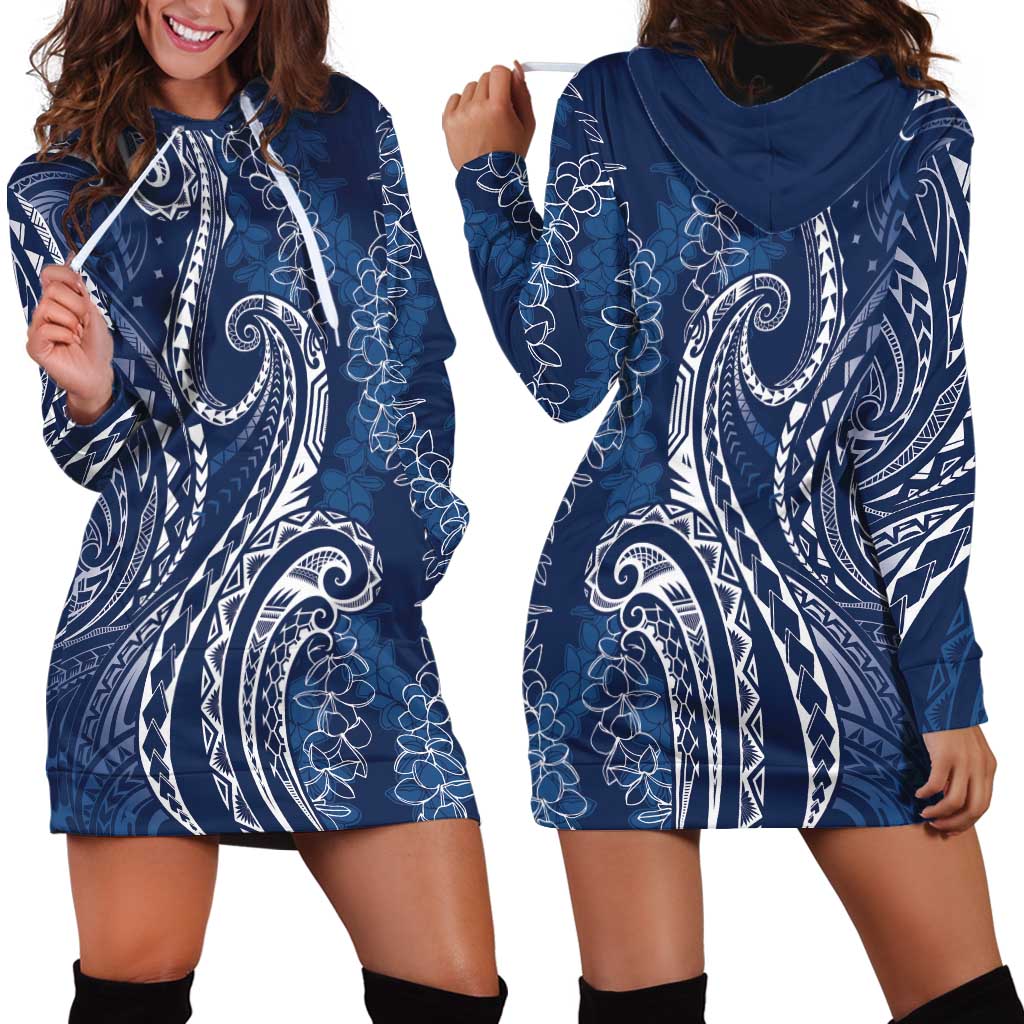 Polynesia Plumeria Lei Hoodie Dress Navy Blue Curves Motif