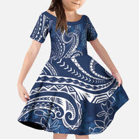 Polynesia Plumeria Lei Kid Short Sleeve Dress Navy Blue Curves Motif