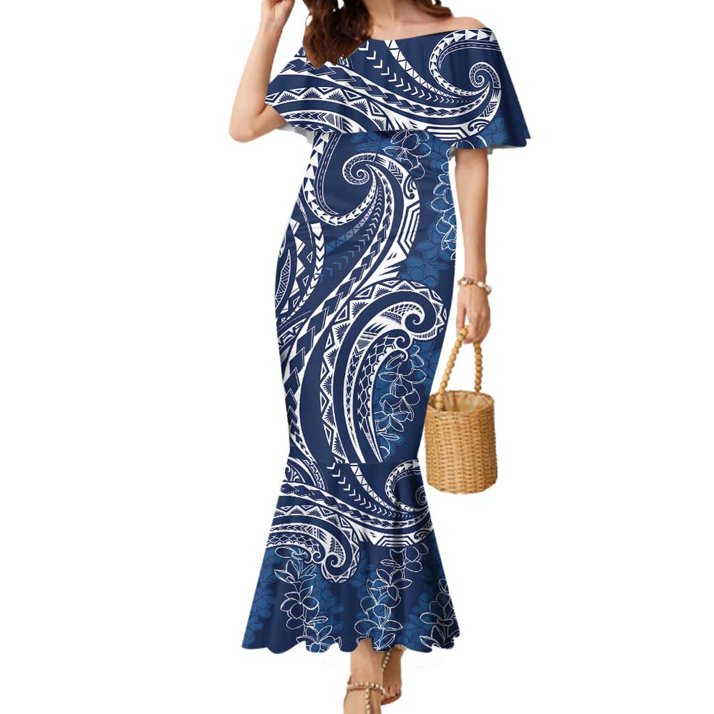 Polynesia Plumeria Lei Mermaid Dress Navy Blue Curves Motif
