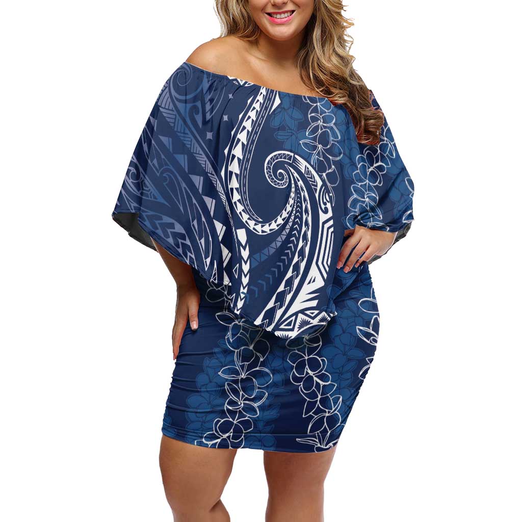 Polynesia Plumeria Lei Off Shoulder Short Dress Navy Blue Curves Motif