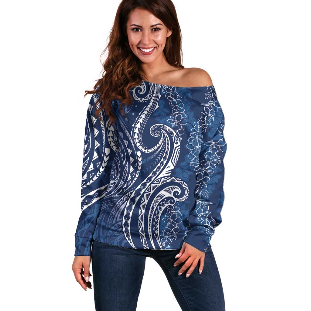 Polynesia Plumeria Lei Off Shoulder Sweater Navy Blue Curves Motif