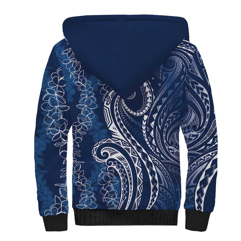 Polynesia Plumeria Lei Sherpa Hoodie Navy Blue Curves Motif