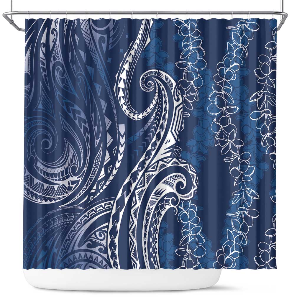 Polynesia Plumeria Lei Shower Curtain Navy Blue Curves Motif
