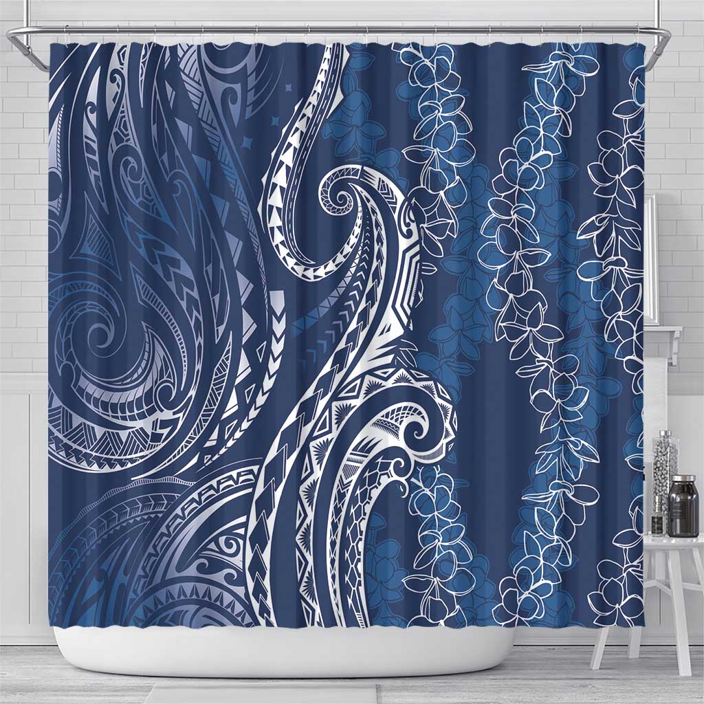 Polynesia Plumeria Lei Shower Curtain Navy Blue Curves Motif