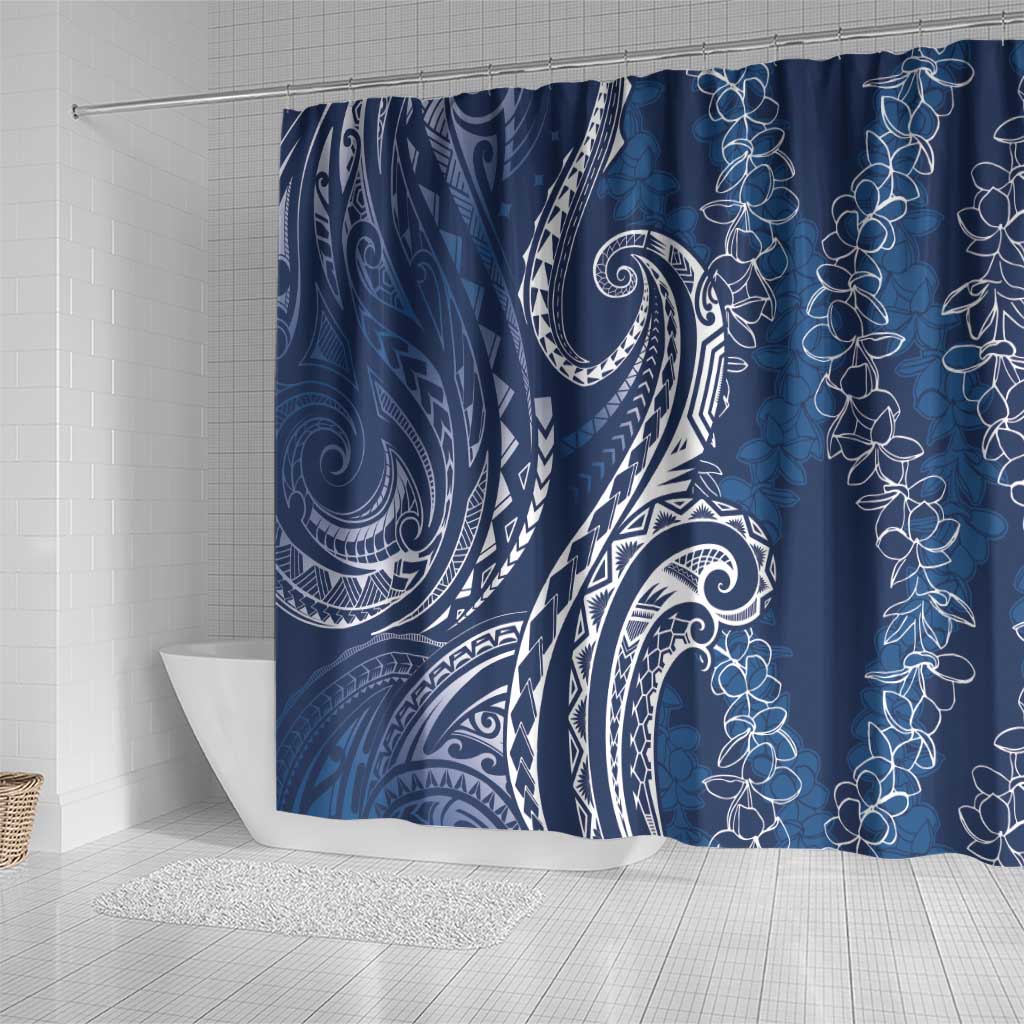 Polynesia Plumeria Lei Shower Curtain Navy Blue Curves Motif