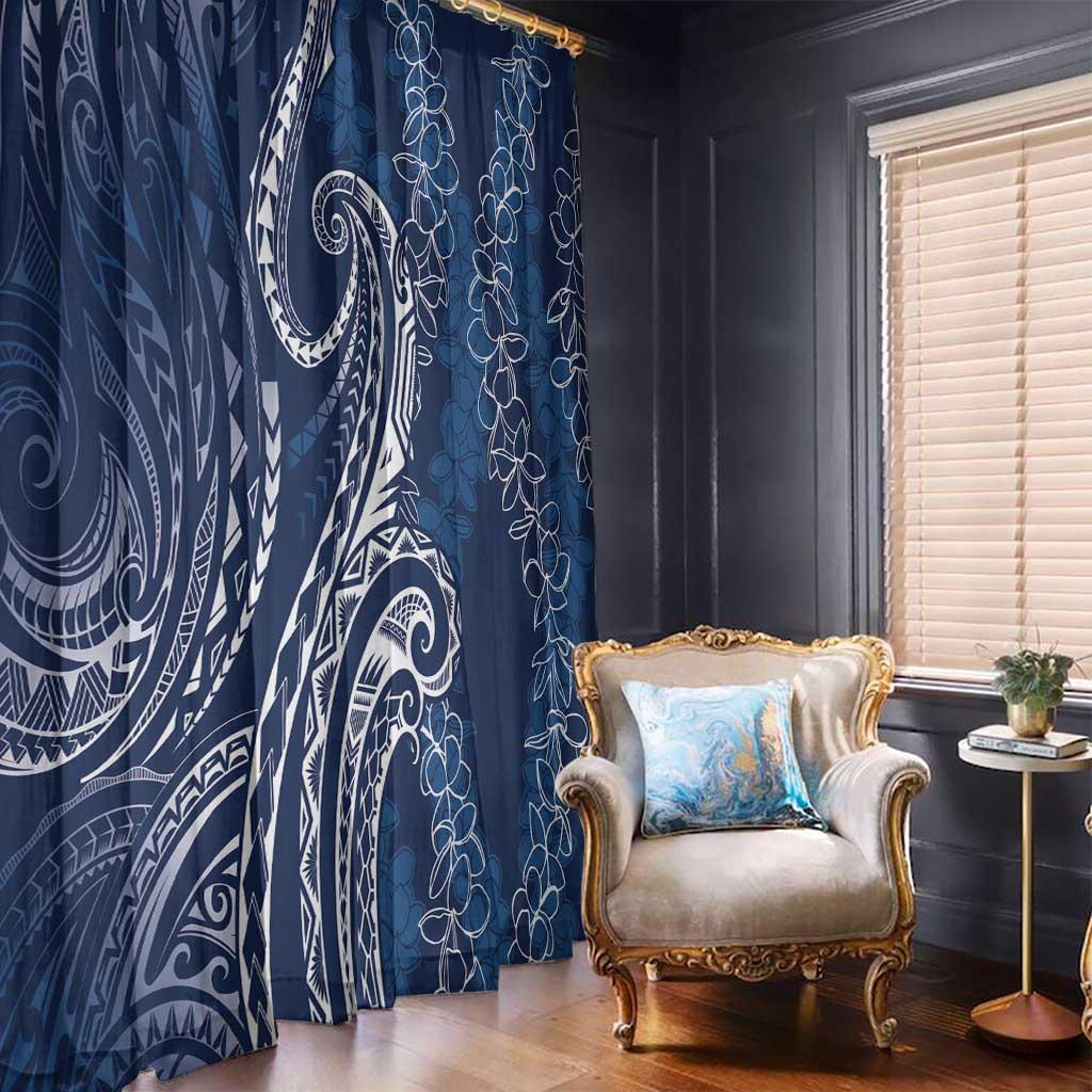 Polynesia Plumeria Lei Window Curtain Navy Blue Curves Motif