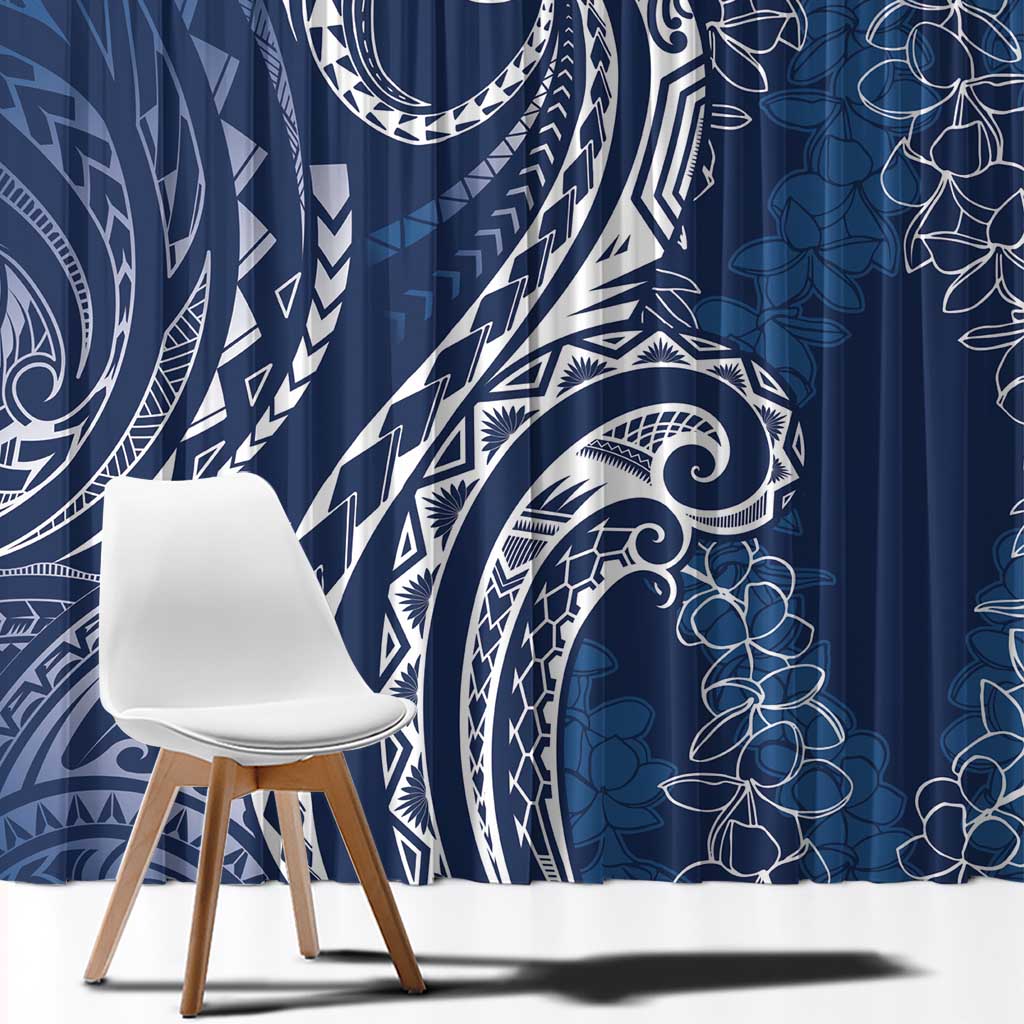 Polynesia Plumeria Lei Window Curtain Navy Blue Curves Motif