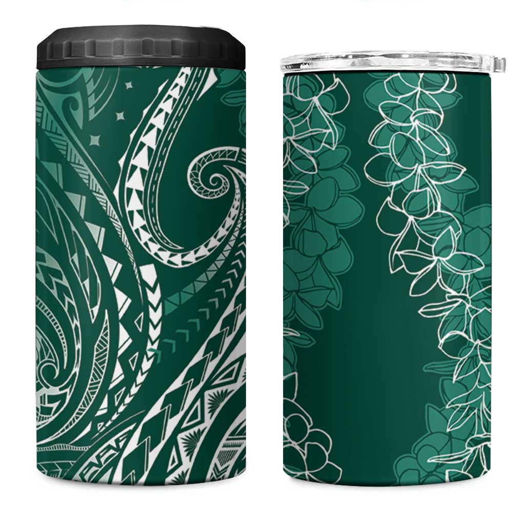 Polynesia Plumeria Lei 4 in 1 Can Cooler Tumbler Sage Green Curves Motif