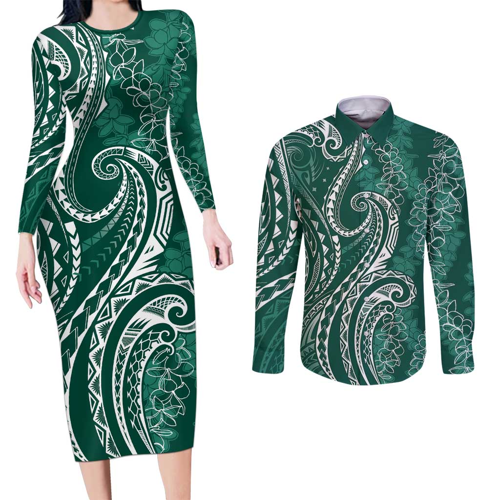 Polynesia Plumeria Lei Couples Matching Long Sleeve Bodycon Dress and Long Sleeve Button Shirt Sage Green Curves Motif