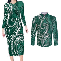 Polynesia Plumeria Lei Couples Matching Long Sleeve Bodycon Dress and Long Sleeve Button Shirt Sage Green Curves Motif