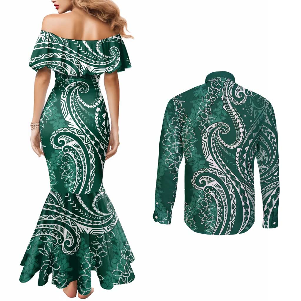 Polynesia Plumeria Lei Couples Matching Mermaid Dress and Long Sleeve Button Shirt Sage Green Curves Motif