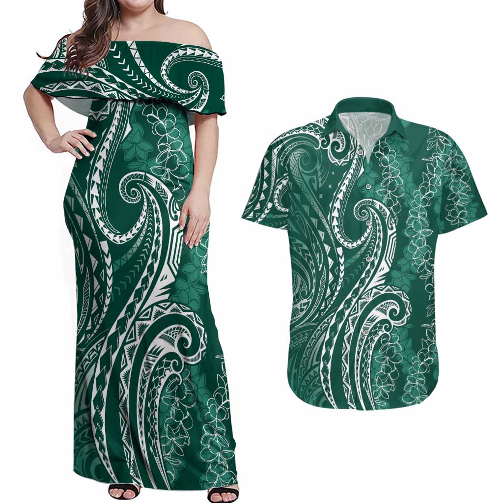 Polynesia Plumeria Lei Couples Matching Off Shoulder Maxi Dress and Hawaiian Shirt Sage Green Curves Motif