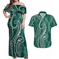 Polynesia Plumeria Lei Couples Matching Off Shoulder Maxi Dress and Hawaiian Shirt Sage Green Curves Motif